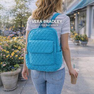 🎒 Vera Bradley Quilted Backpack – Turquoise Blue w/ Lime Green Interior